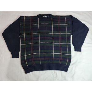 HTF Vintage Woods & Gray Plaid Sweater Crew Neck Cotton Knit Mens Large L RARE